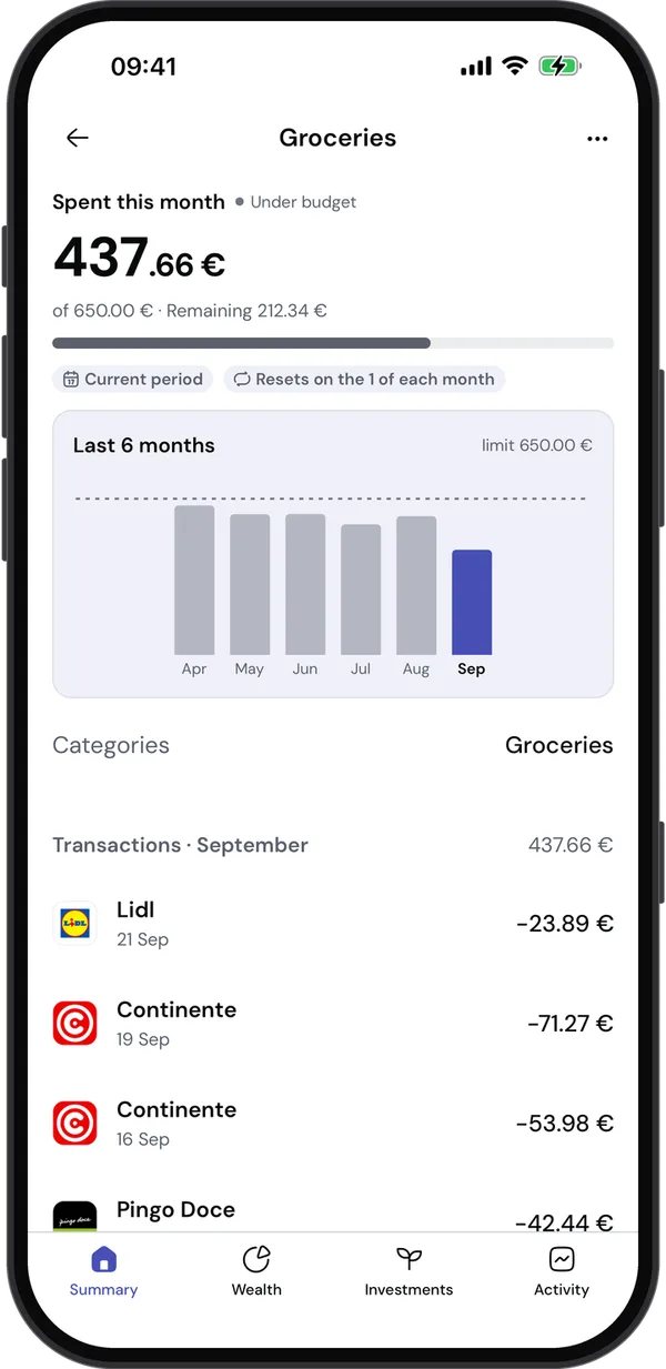 A budget in the app: spent this month, limit and recent months