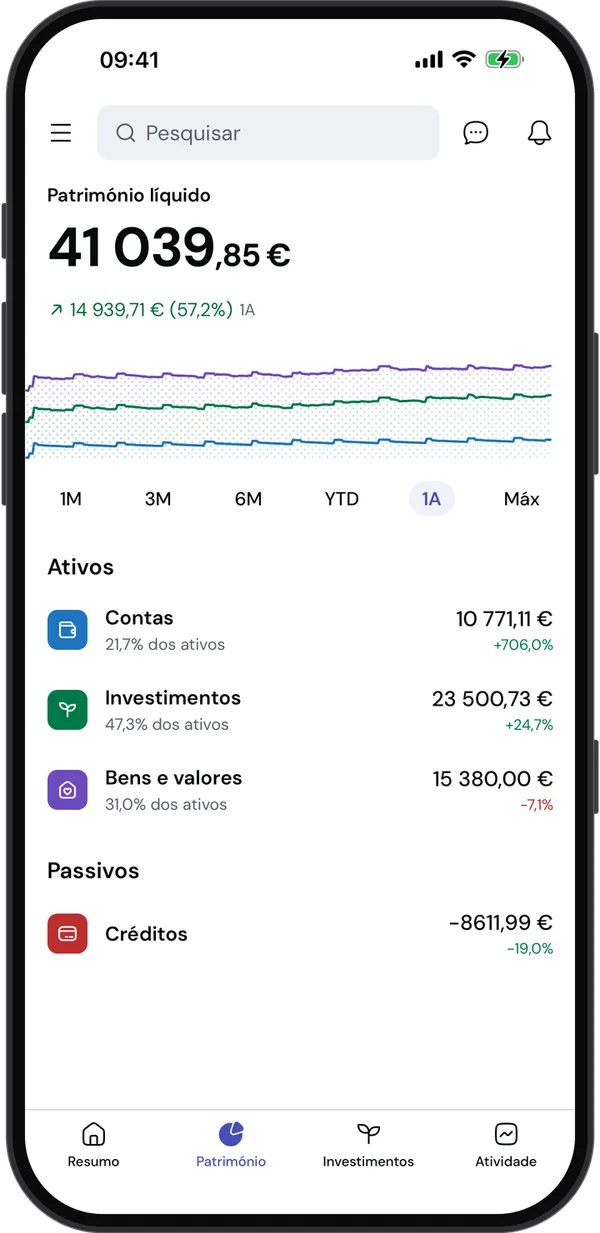 O Património na aplicação: contas, investimentos, bens e créditos