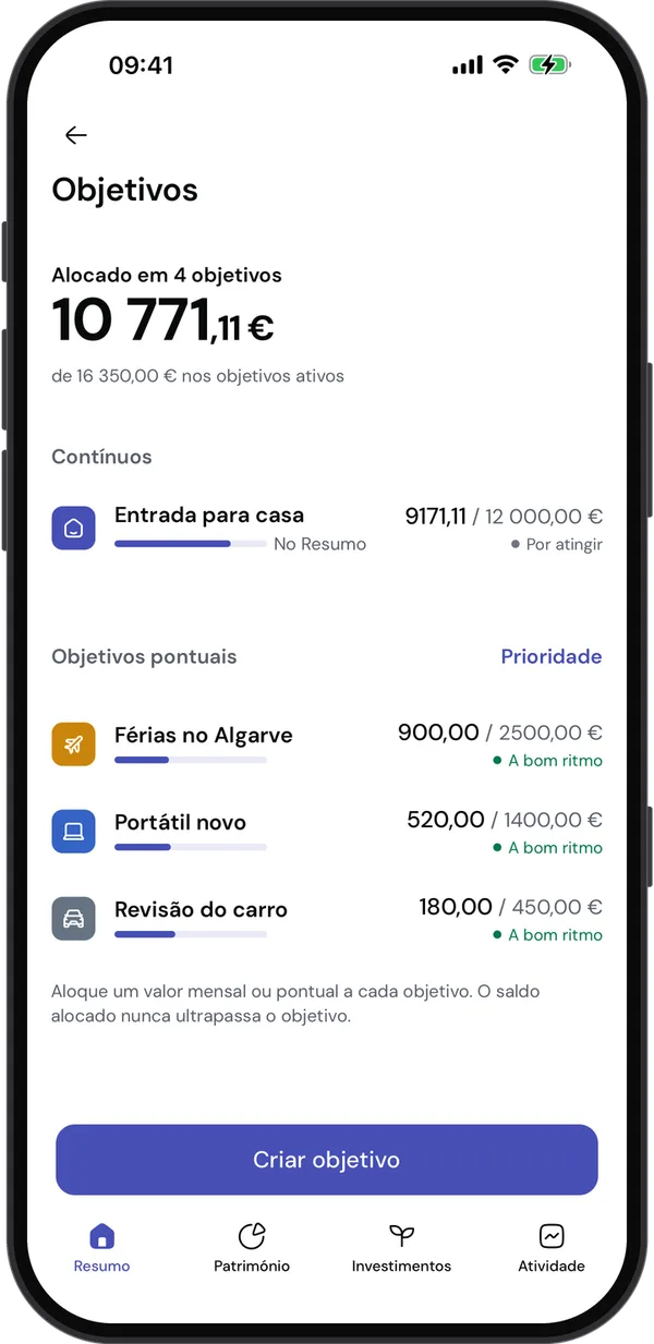 Os objetivos na aplicação: quanto está alocado a cada um